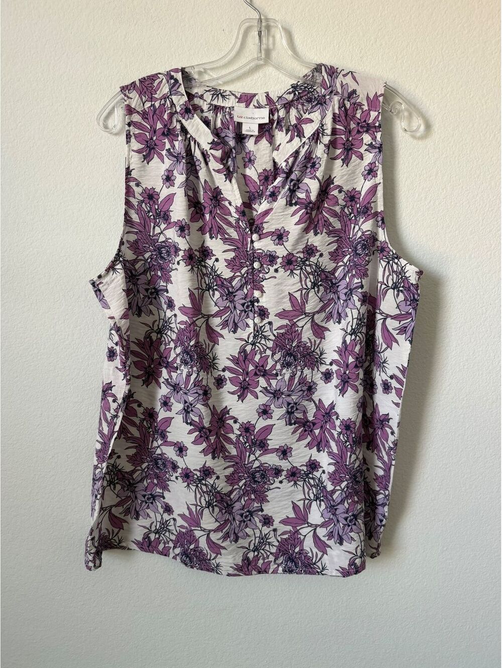 Liz Claiborne Sleeveless Henley Neck Floral Purple/White Blouse Women's Size L
